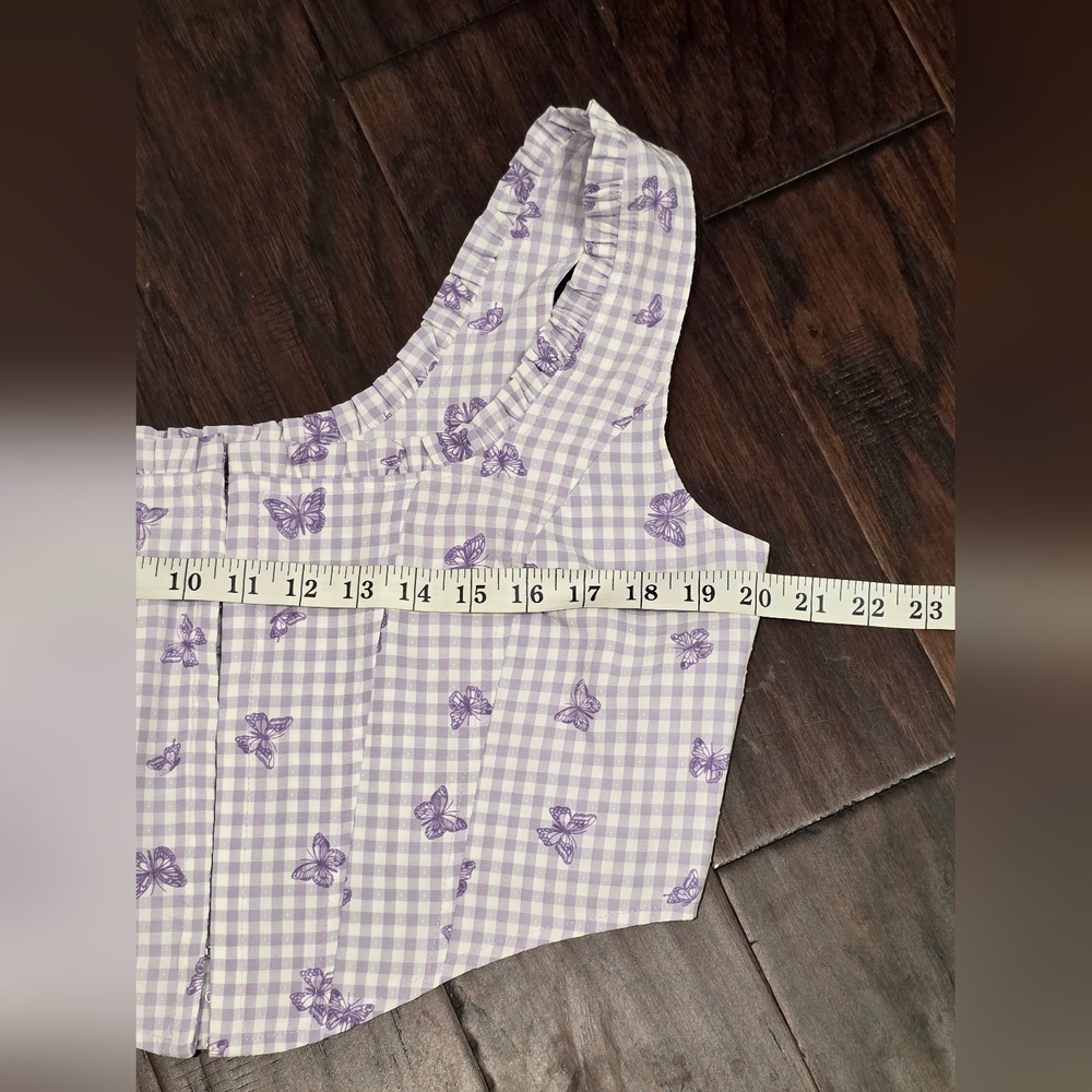 ELODIE Gingham Corset Cropped Top With Butterflis- Purple - XL - Picture 8 of 11
